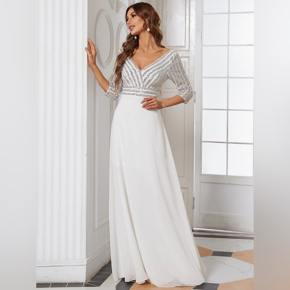 Ever Pretty White and Silver Beaded V-Neck Evening Gown